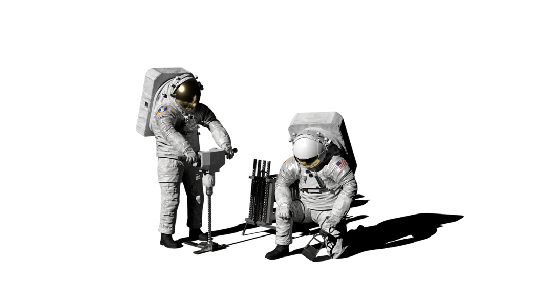 Artist concept of two lunar astronauts in the xEMU space suit collecting samples from the lunar surface.