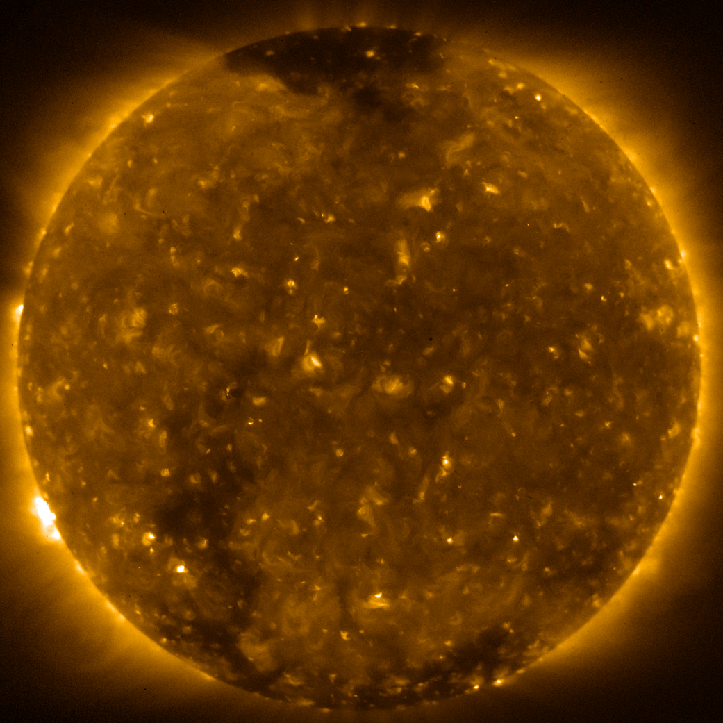 The international Hinode solar-observing satellite captured the transit of Mercury as it passed between Earth and the Sun.