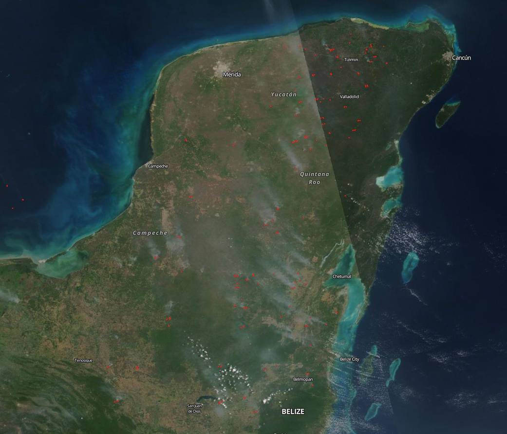 Suomi NPP image of fires in the Yucatan Peninsula