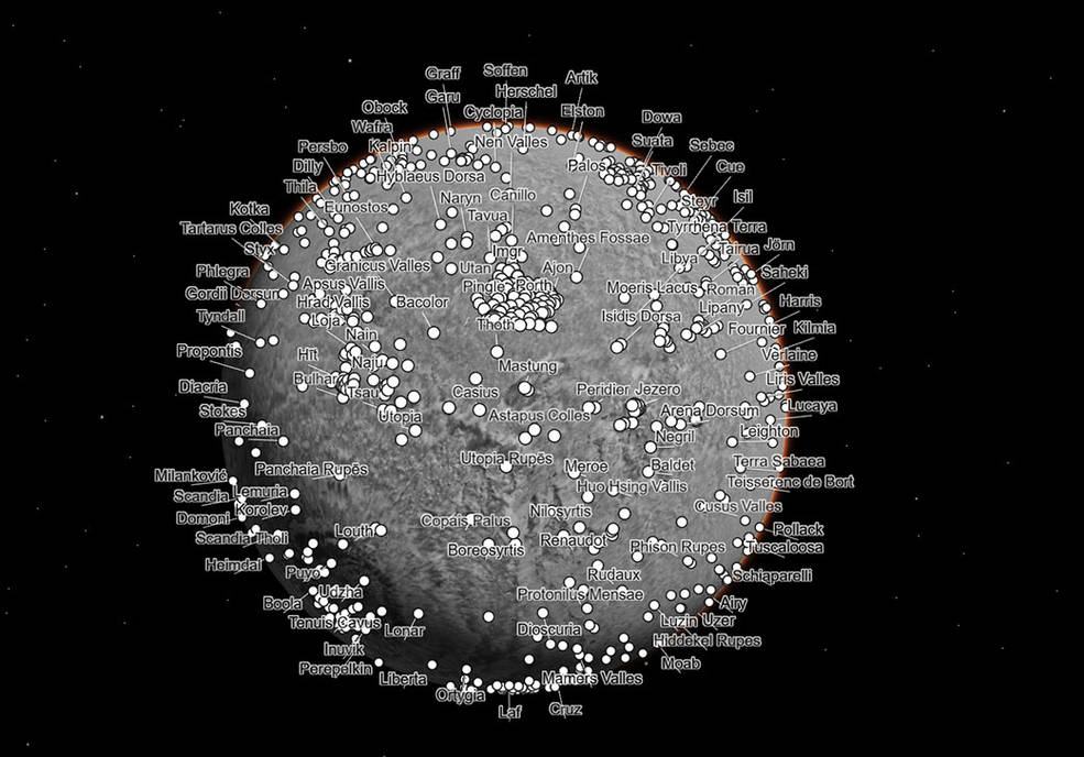 Gray image of Mars with many craters names labeled.