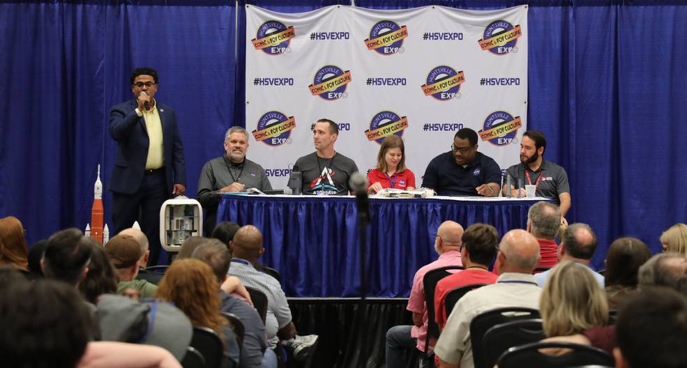 Marshall team members provide a NASA mission update to more than 100 audience members during a “Moon to Mars” panel discussion at the Huntsville Comic & Pop Culture Expo on April 21. 