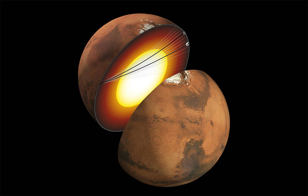 This artist’s concept shows a cutaway of Mars, 