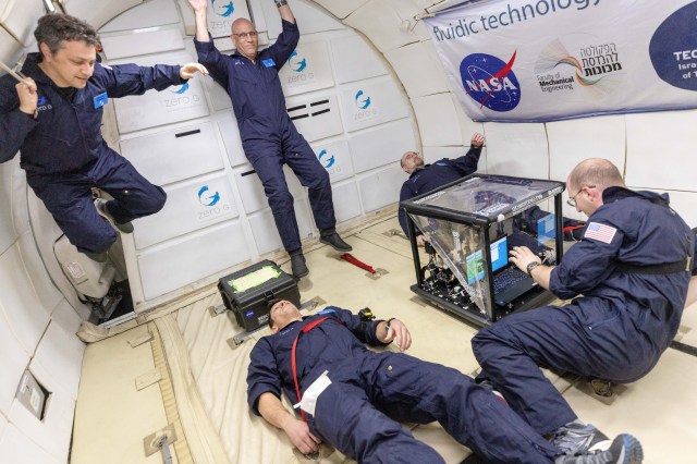 FLUTE researchers experience microgravity aboard Zero Gravity Corporation’s G-FORCE ONE aircraft while operating an experiment payload during a series of parabolic flights.
