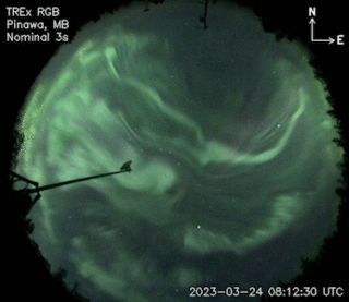 Green-colored auroras pulsate and wave in a circular, all-sky view of the night sky.