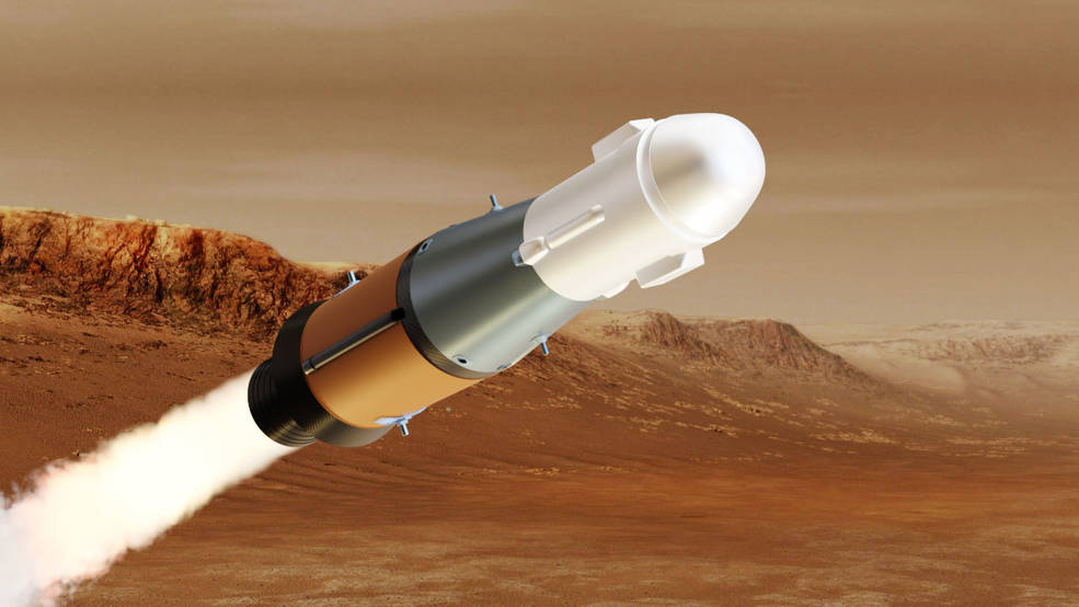 This illustration shows NASA’s Mars Ascent Vehicle (MAV) in powered flight. NASA continues making progress in its effort to bring the first Mars samples to Earth by successfully completing the MAV preliminary design review. 