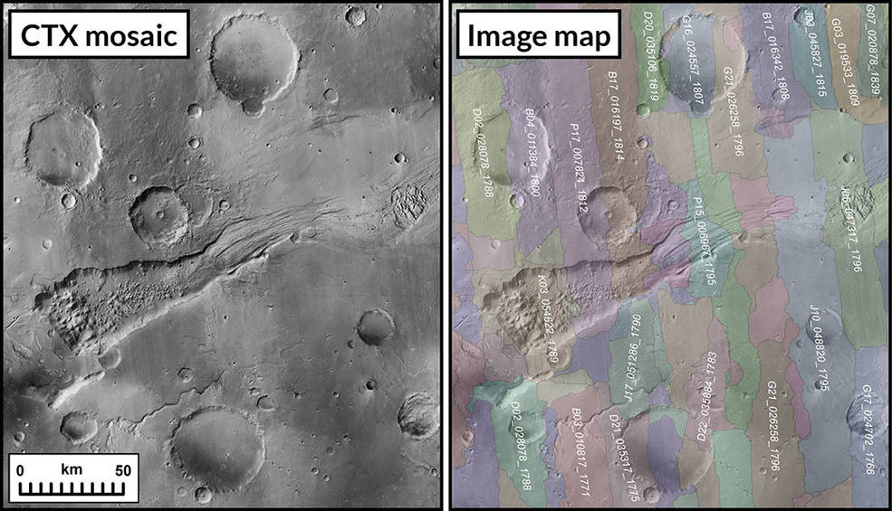 Two images. One is a gray image of Mars showing craters and the other is the same image with the names of the craters labeled.