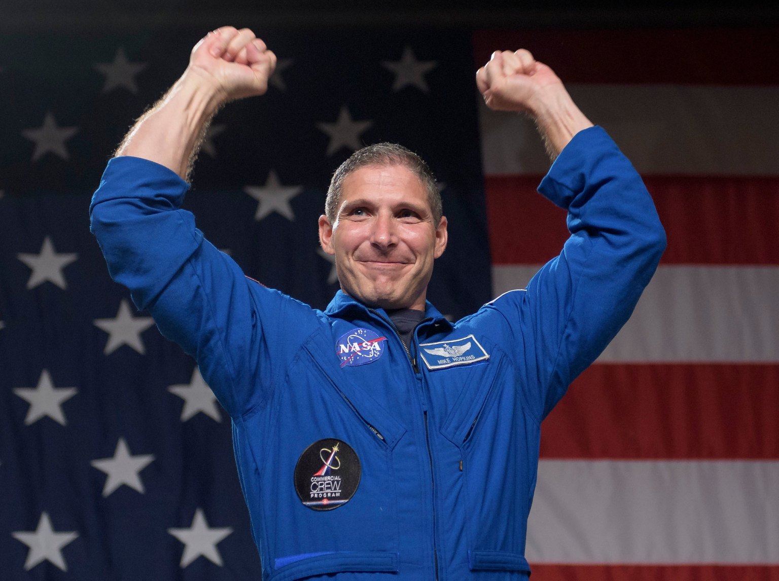 NASA astronaut Mike Hopkins is seen during a NASA event where it was announced that he, and NASA astronaut Victor Glover are assigned to the first mission to the International Space Station onboard SpaceX’s Crew Dragon