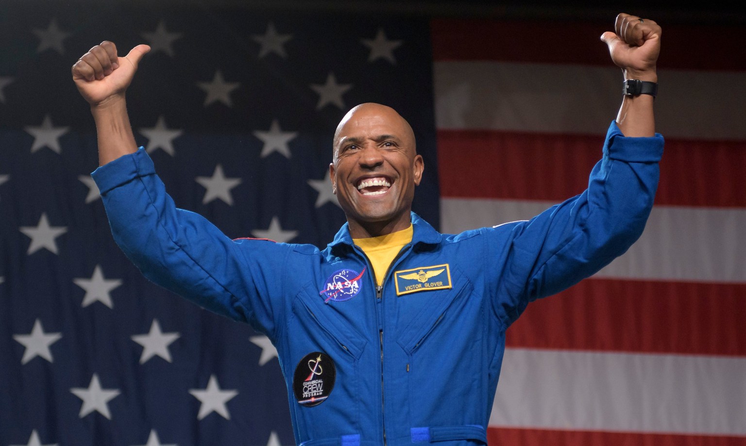 NASA astronaut Victor Glover is seen during a NASA event where it was announced that he, and NASA astronaut Mike Hopkins are assigned to the first mission to the International Space Station onboard SpaceX’s Crew Dragon
