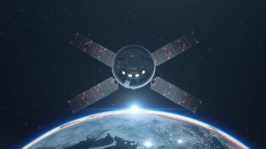 Artist's Rendering of Orion capsule over earth at night.