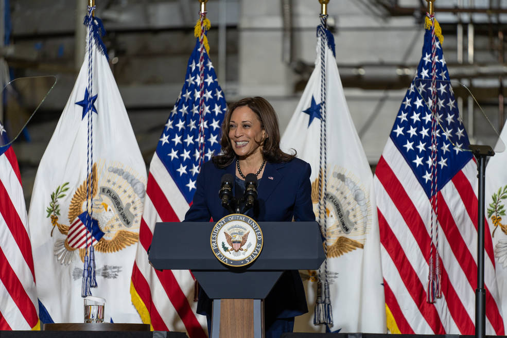 Vice President Kamala Harris gives remarks in front of the Space Environment Simulator (SES). 
