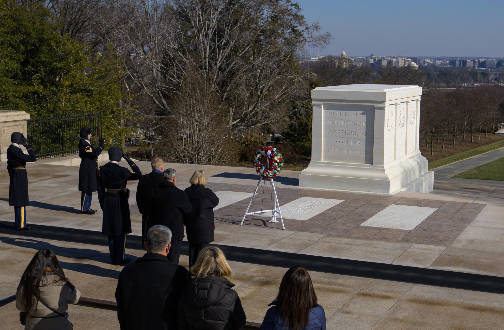 NASA Administrator Bill Nelson, NASA Deputy Administrator Pam Melroy, and NASA Associate Administrator Bob Cabana are seen after a wreath is laid at the Tomb of the Unknowns