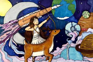 A girl shooting an arrow in the sky with the Moon in the bacground, a rocket launching while a deer watches. There are other planets floating.