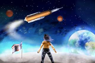 A girl looking at a rocket flying to by the Moon with the Earth in the background/
