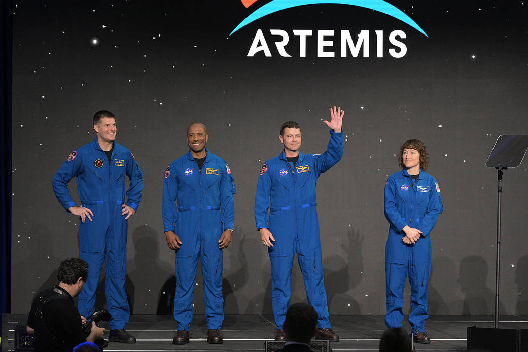 NASA astronauts Reid Wiseman, Victor Glover and Christina Koch, and CSA astronaut Jeremy Hansen, are announced as members of the Artemis II crew during an April 3, 2023, news conference at Ellington Field near NASA’s Johnson Space Center.