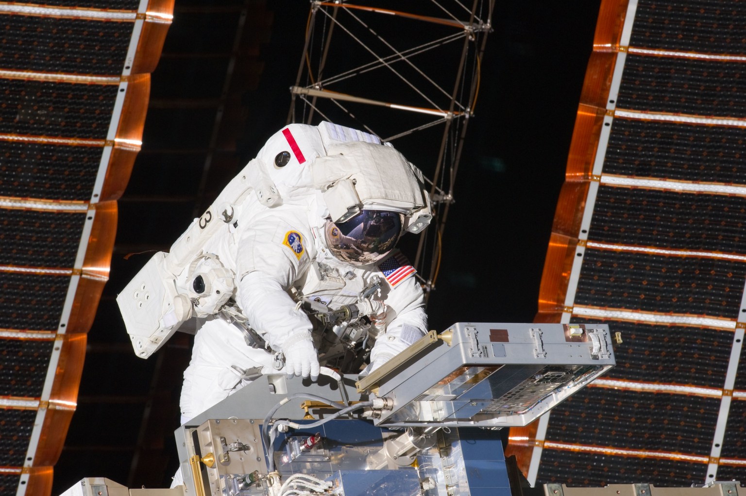 NASA astronaut Andrew Feustel, STS-134 mission specialist, participates in the mission's first session of extravehicular activity (EVA) as construction and maintenance continue on the International Space Station. 