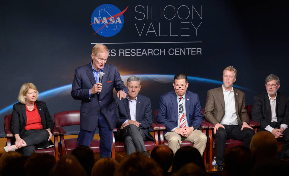 NASA Administrator Bill Nelson, front, talks to the Ames