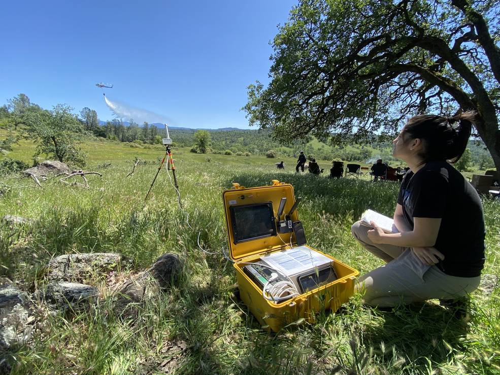 NASA researchers test a prototype mobile air traffic kit for unmanned aircraft systems in Redding, California.