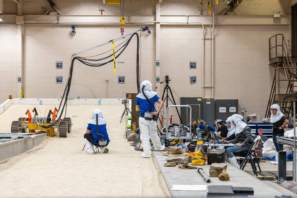 NASA's Volatiles Investigating Polar Exploration Rover, or VIPER, conducts mobility testing at NASA Glenn’s Simulated Lunar Operation Laboratory (SLOPE). Credit: Bridget Caswell/Alcyon Technical Services, LLC.