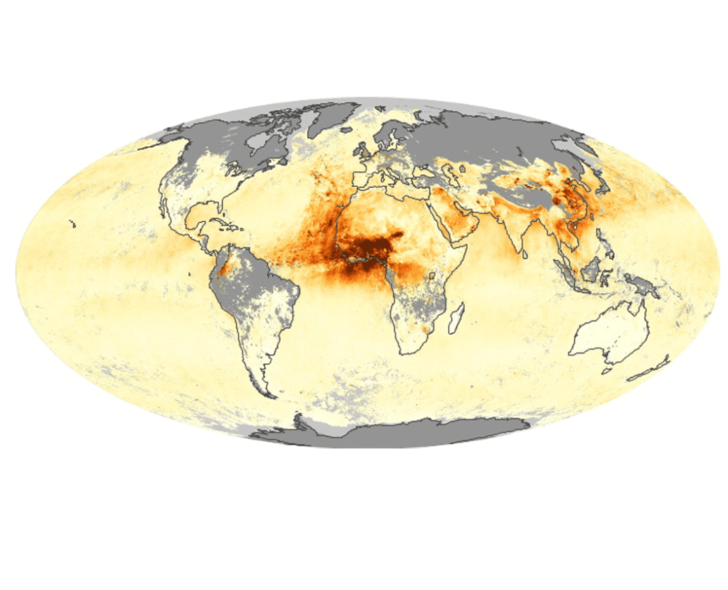 A map of tiny solid and liquid particles suspended in the atmosphere are called aerosols. Windblown dust, sea salts, volcanic ash, smoke from wildfires, and pollution from factories are all examples of aerosols.