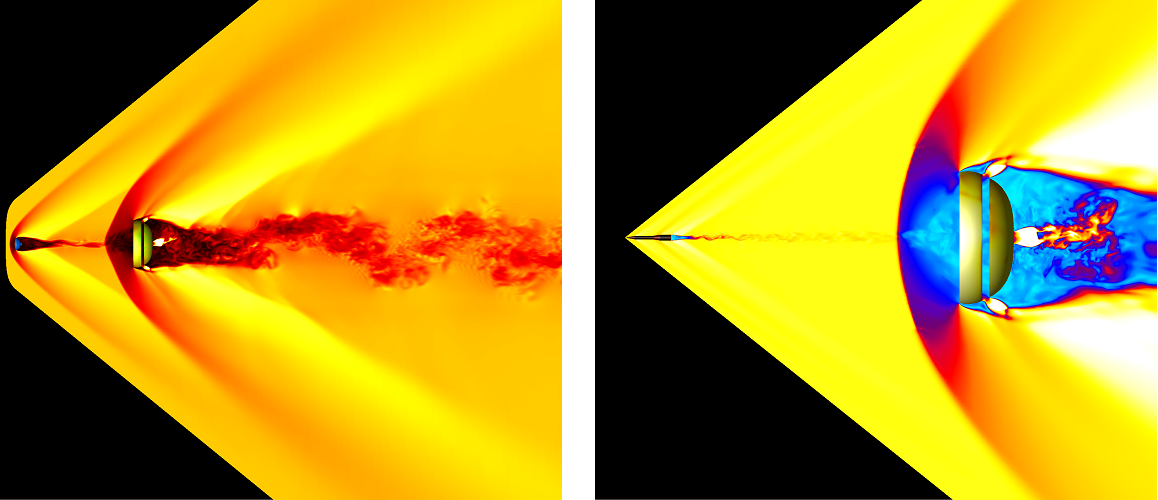 Simulations of a rigid canopy behind blunt (left) and slender (right) bodies in supersonic flow.