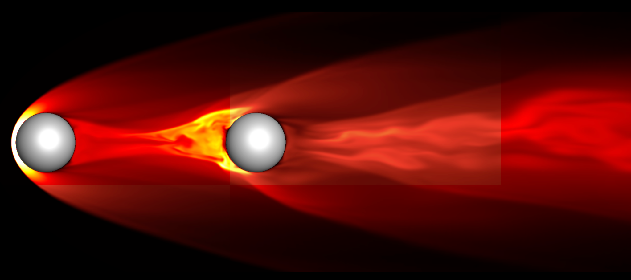 Simulation of two proximate spheres in hypersonic flow.