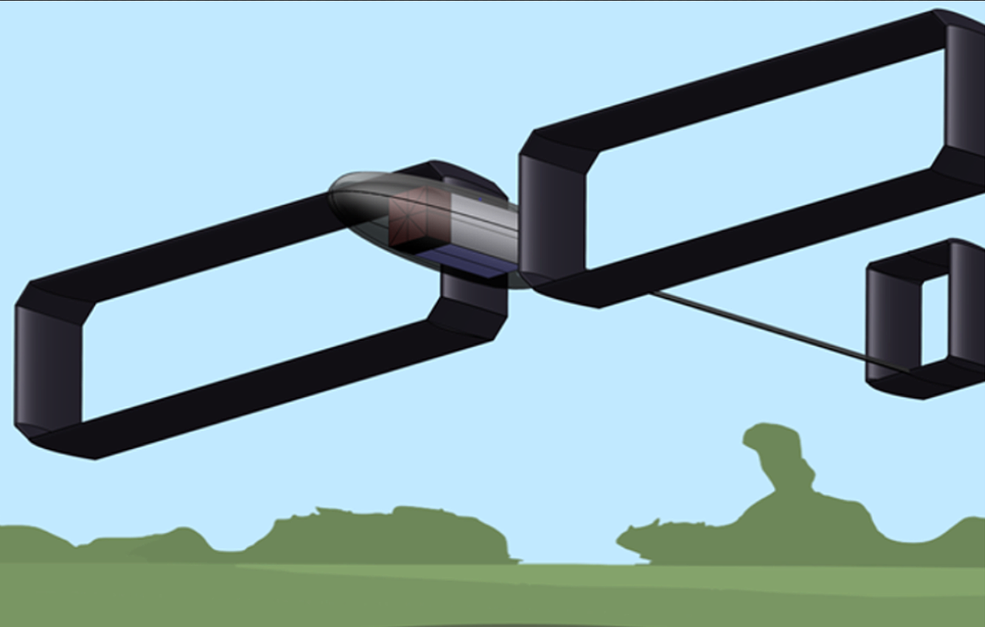 Artist rendition of flying vehicle with rectangular shapes where customary wings would be.
