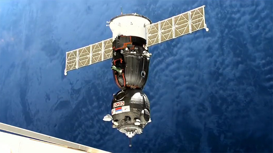 The passengerless Soyuz MS-23 crew ship arrives at the space station for an automated docking to the Poisk module on Feb. 25, 2023. Credit: NASA TV