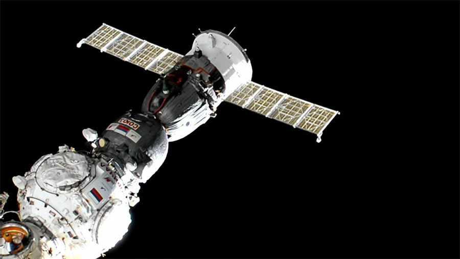 The Soyuz MS-23 crew ship with three Expedition 69 crew members aboard is pictured shortly after relocating from the Poisk module and docking to the Prichal docking module. Credit: NASA TV