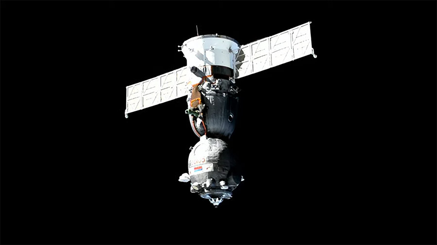 The Soyuz MS-23 crew ship slowly backs away from the station carrying three Expedition 69 crewmates to a new docking port. Credit: NASA TV