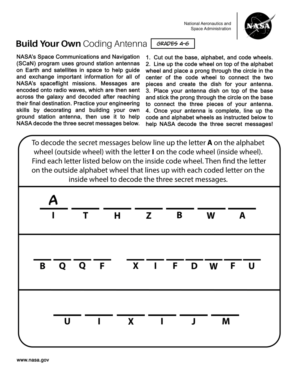 Front page of the Build Your Own Coding Activity for grades four through six. On the the top half of the page is block of text with directions for how to complete the activity. The bottom half of the page is part of the activity.
