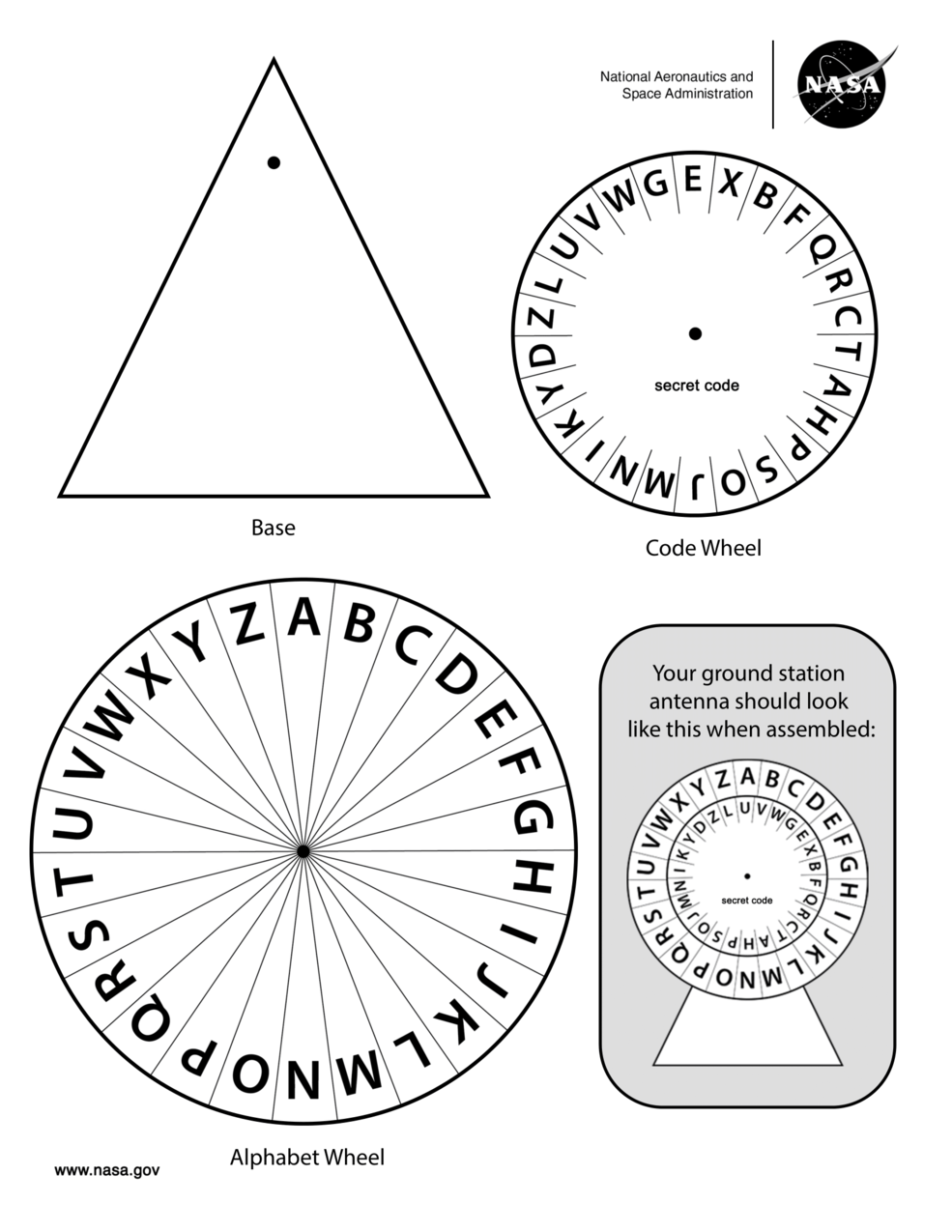 Second page of the Build Your Own Coding Activity for grades four through six. From top left to right, rotating clockwise, is a triangle, small circle, larger circle, and an image of how to assemble the pieces.