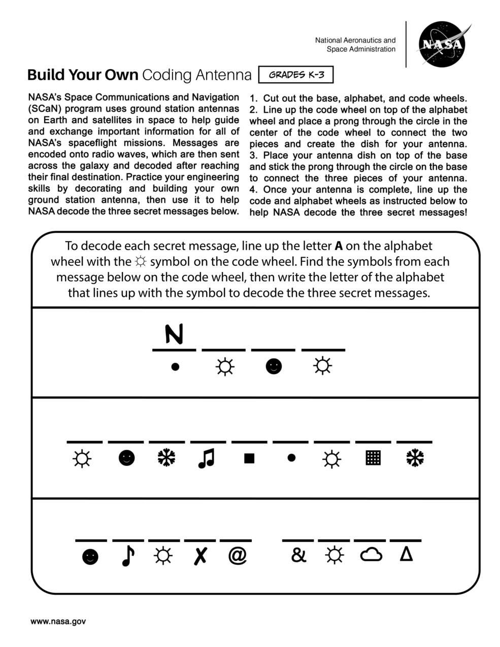 Front page of the Build Your Own Coding Activity for grades kindergarten through third. On the the top half of the page is block of text with directions for how to complete the activity. The bottom half of the page is part of the activity.