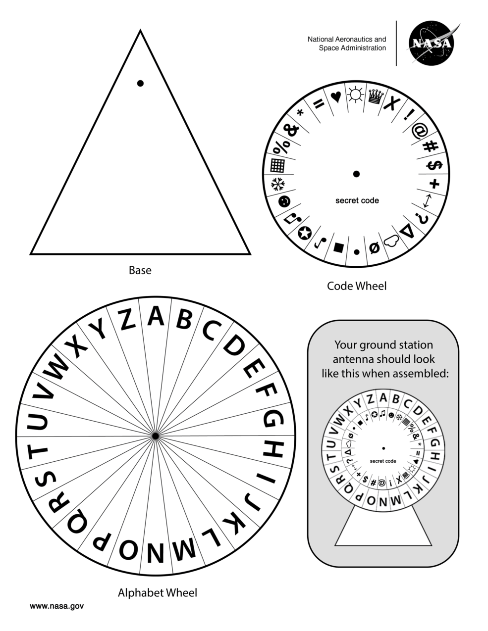Second page of the Build Your Own Coding Activity for grades kindergarten through third. From top left to right, rotating clockwise, is a triangle, small circle, larger circle, and an image of how to assemble the pieces.