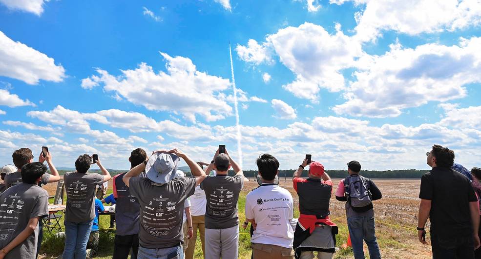 Students watch a high-powered amateur rocket launch during NASA’s 2023 Student Launch competition near NASA’s Marshall Space Flight Center in Huntsville, Alabama.
