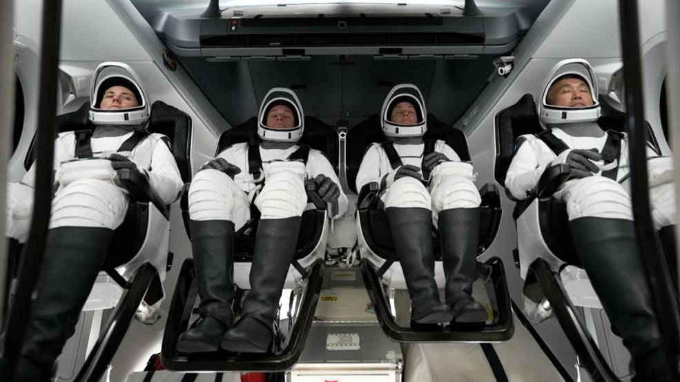 NASA’s SpaceX Crew-5 crew members, from left, Anna Kikina, Josh Cassada, Nicole Mann, and Koichi Wakata, are positioned inside their Dragon spacecraft, named Endurance, prior to launch from Kennedy Space Center on Oct. 5, 2022 