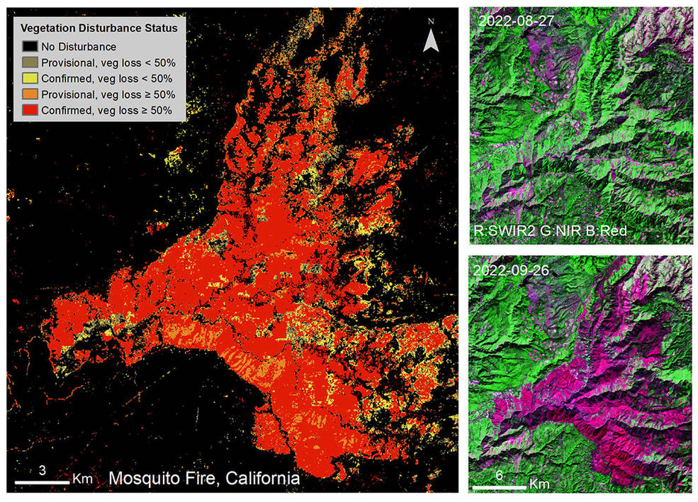 The OPERA Land Surface Disturbance Alert provisional product showed vegetation loss west of Lake Tahoe