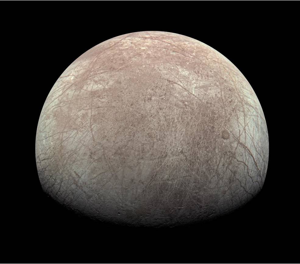 This view of Jupiter's icy moon Europa was captured by the JunoCam imager aboard NASA's Juno spacecraft during the mission's close flyby on Sept. 29, 2022.