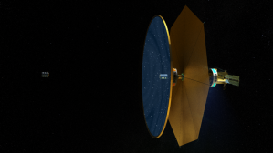 Illustration of the Fluidic Telescope’s concept for a next-generation large space observatory, showing a large mirror in space attached to supporting instruments.