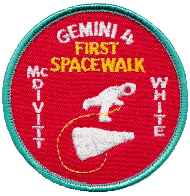 Mission patch for Gemini 4 with the words First Spacewalk and McDivitt and White on it.