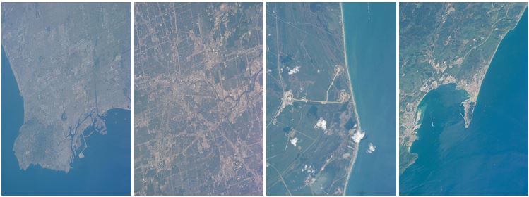 A selection of the Earth observation photographs taken by the STS-90 crew. Left: The Los Angeles-Long Beach area. Middle left: Houston. Middle right: Cape Canaveral including NASA’s Kennedy Space Center. Right: Gibraltar and adjacent areas of Spain.