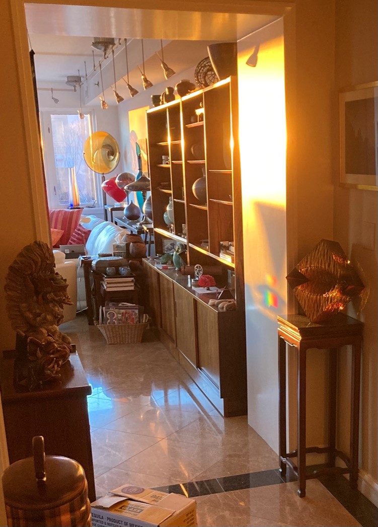 A warmly lit image of a home with shelves full of glass art. The sun lights the wall and wooden shelves with bright gold light and rainbows. Glass sculptures on pedestals stand on either side of a doorway looking into the living room.