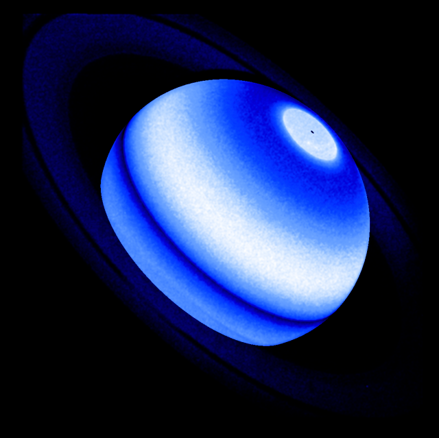 An image of Saturn with rings as a blue and white planet on a black background.