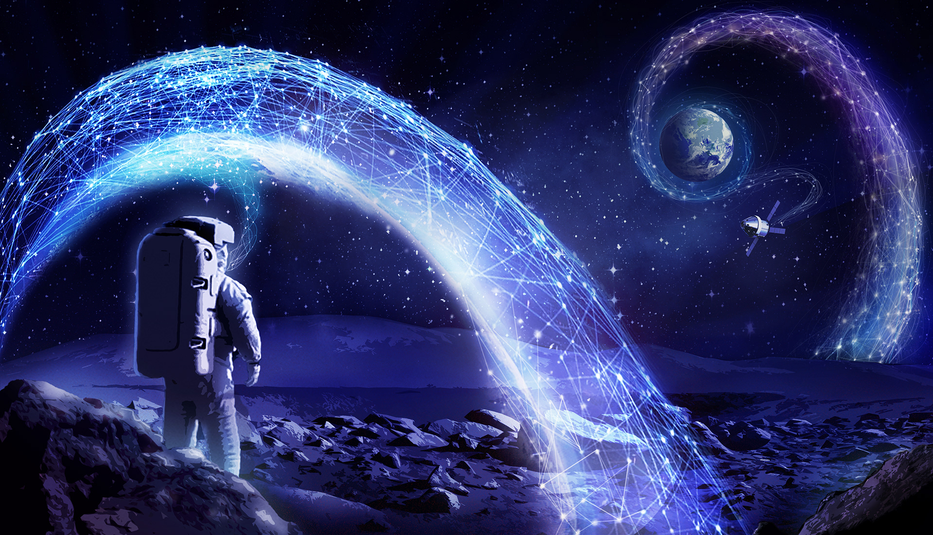 An artist's depiction of a future lunar communications network. An astronaut stands on the surface of the Moon and sends communications to an orbiting spacecraft and back to Earth.