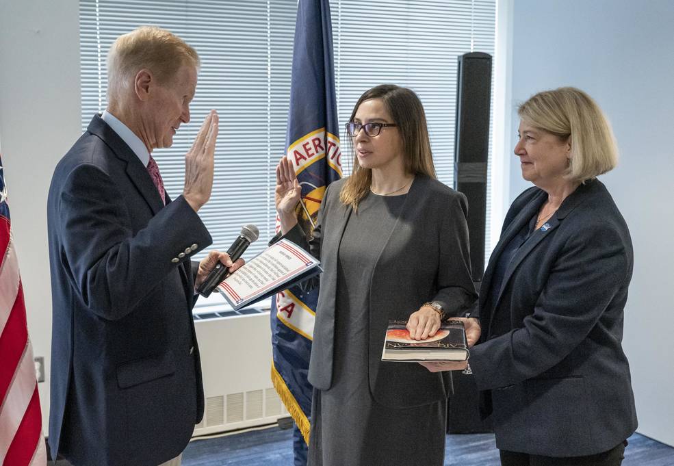 NASA Administrator Bill Nelson, left, swears in Dr. Makenzie Lystrup as Director of Goddard Space Flight Center, as NASA Deputy Administrator Pam M...