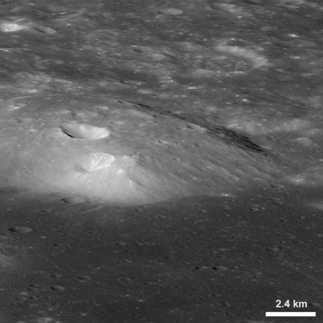 An oblique view of the northern portion of the Gruithuisen Gamma volcanic dome, captured by the Lunar Reconnaissance Orbiter Camera. North is to the right.