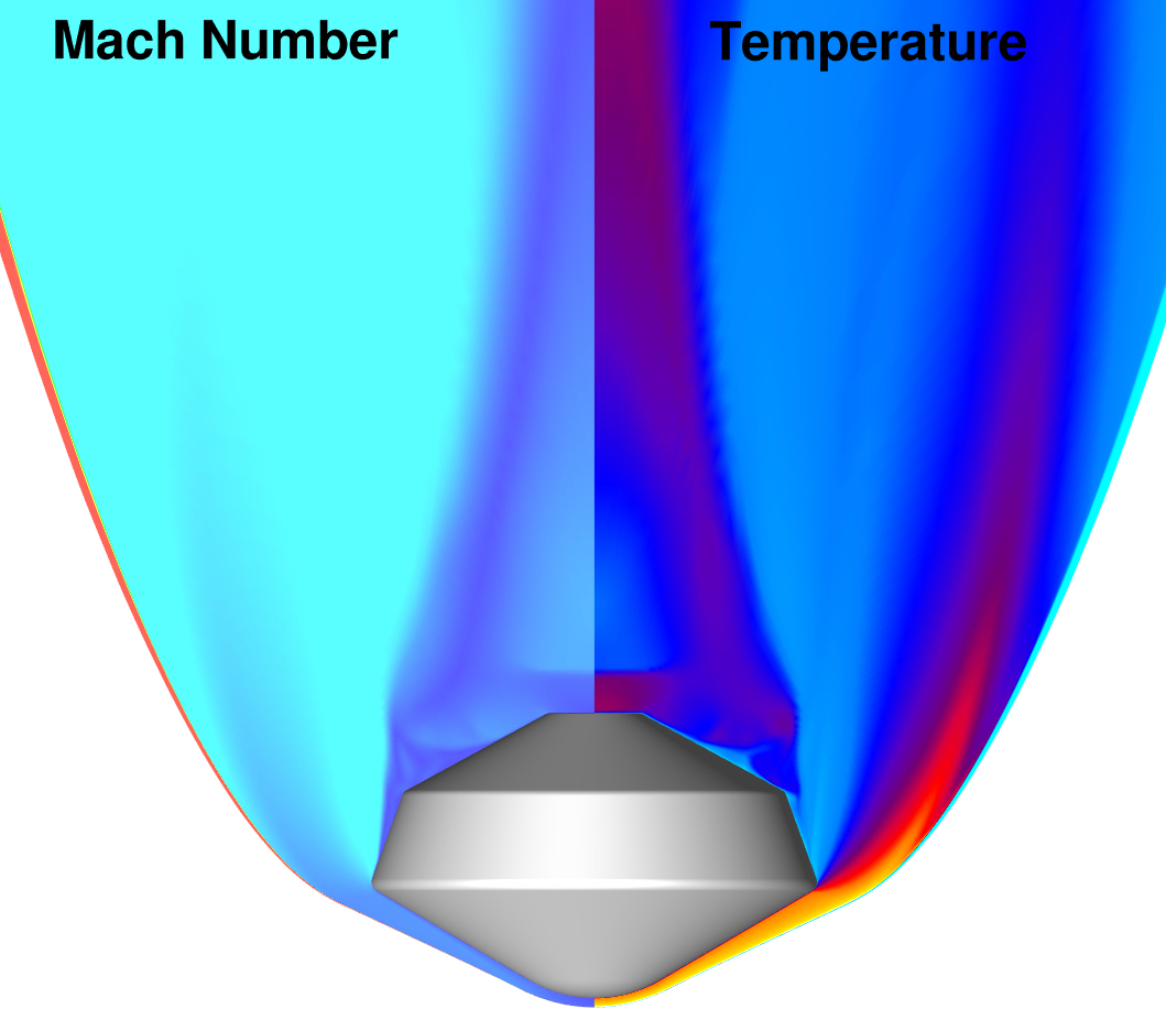 Mach Number and Temperature Contours for Dragonfly’s entry to Titan.