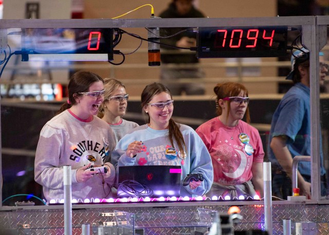 Alpha Omega, a NASA Stennis house team from Our Lady Academy in Bay St. Louis, Mississippi, competes during the inaugural FIRST Robotics Magnolia Regional Competition
