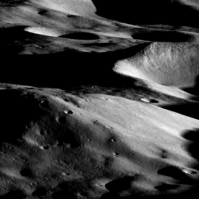 Malapert massif is thought to be a remnant of the South Pole - Aitken basin rim, which formed more than 4 billion years ago. Image is 25 kilometers wide in the center and was captured by the Lunar Reconnaissance Orbiter Camera.