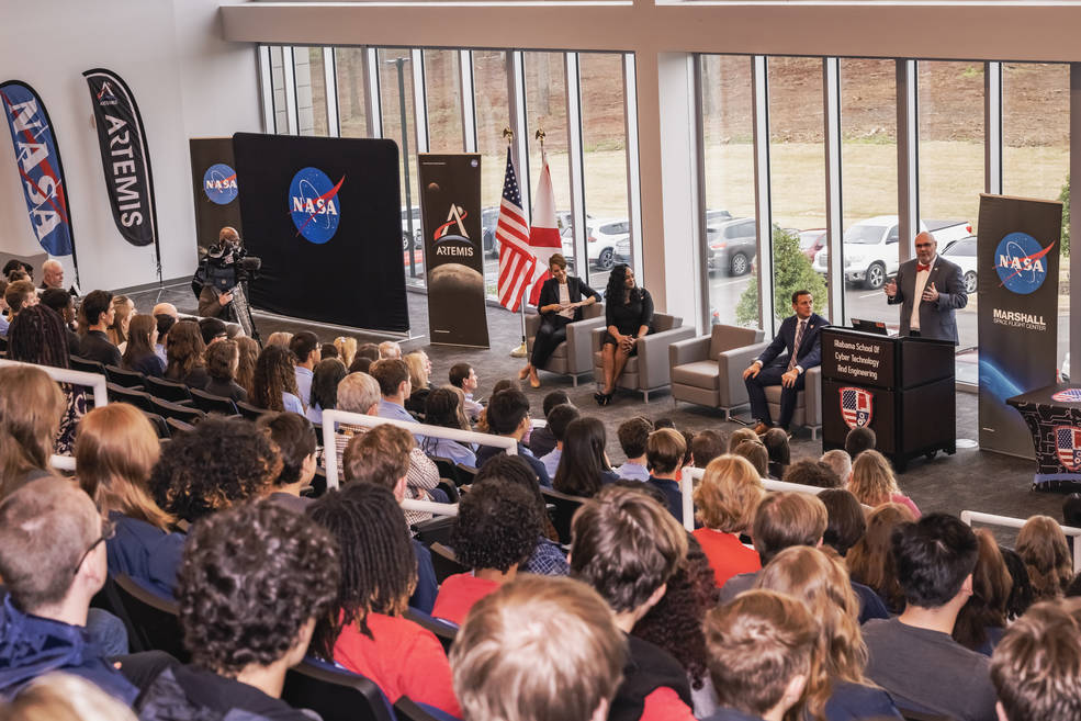NASA Marshall Space Flight Center Deputy Director Joseph Pelfrey, front right, speaks during an April 4 signing event at the Alabama School of Cyber Technology and Engineering (ASCTE) in Huntsville.