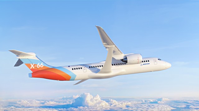Artist illustration of a smaller commercial airliner flying above the clouds.